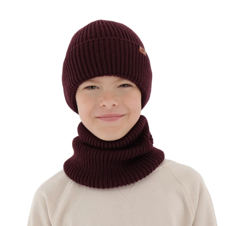 Czapka i komin dla chłopca, zimowy komplet, 100% wełniany merino, burgundowy Serimo-2