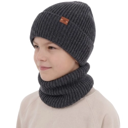 Czapka i komin dla chłopca, zimowy komplet, 100% wełniany merino, ciemnoszary Serimo-1