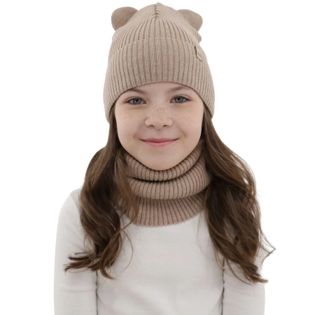 Czapka i komin dla dziewczynki jesienny, wiosenny komplet, beżowy, 100% wełniana merino Belira-1