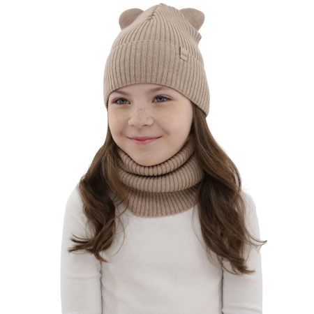 Czapka i komin dla dziewczynki jesienny, wiosenny komplet, beżowy, 100% wełniana merino Belira-2