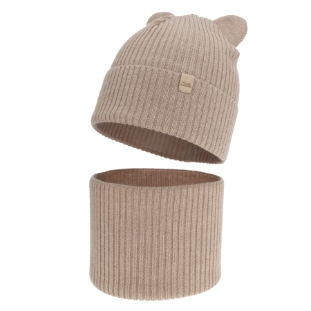 Czapka i komin dla dziewczynki jesienny, wiosenny komplet, beżowy, 100% wełniana merino Belira-3