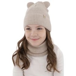 Czapka i komin dla dziewczynki jesienny, wiosenny komplet, beżowy, 100% wełniana merino Belira-1