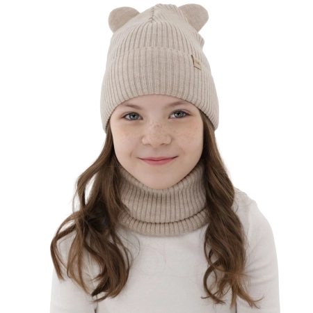 Czapka i komin dla dziewczynki jesienny, wiosenny komplet, beżowy, 100% wełniana merino Belira-2