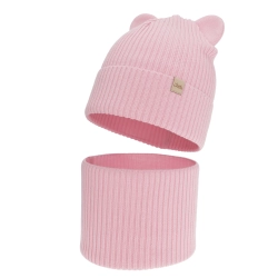 Czapka i komin dla dziewczynki jesienny, wiosenny komplet, różowy, 100% wełniana merino Belira-1