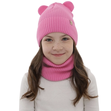 Czapka i komin dla dziewczynki jesienny, wiosenny komplet, różowy, 100% wełniana merino Belira-1