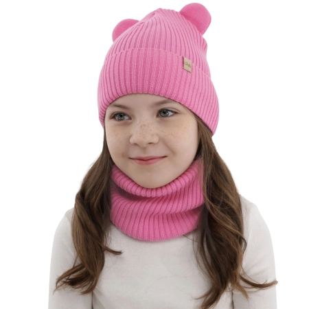 Czapka i komin dla dziewczynki jesienny, wiosenny komplet, różowy, 100% wełniana merino Belira-2
