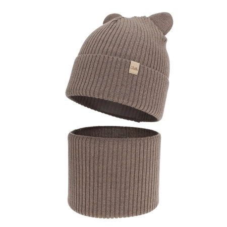 Czapka i komin dla dziewczynki jesienny, wiosenny komplet, ciemnobeżowy, 100% wełniana merino Belira-1