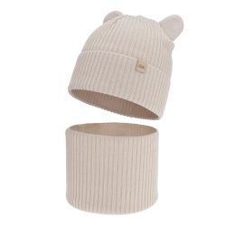 Czapka i komin dla dziewczynki jesienny, wiosenny komplet, beżowy, 100% wełniana merino Belira-1