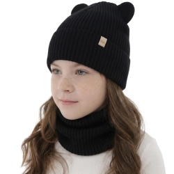 Czapka i komin dla dziewczynki jesienny, wiosenny komplet, czarny, 100% wełniana merino Belira-1