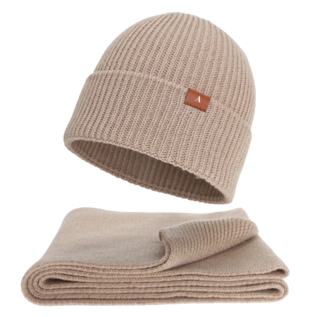 Czapka i szalik damski, zimowy komplet, beżowy, 100% wełniany merino Arvona-3