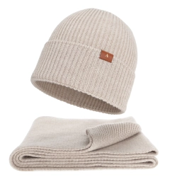Czapka i szalik damski, zimowy komplet, beżowy, 100% wełniany merino Arvona-1