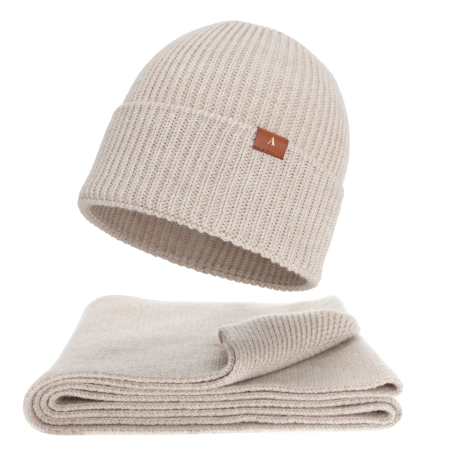 Czapka i szalik damski, zimowy komplet, beżowy, 100% wełniany merino Arvona-1