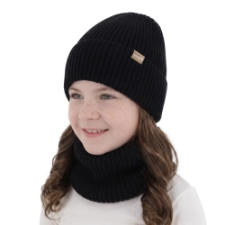 Czapka i komin dla dziewczynki, zimowy komplet, bezszwowy czarny, 100% wełniany merino, Silena-1