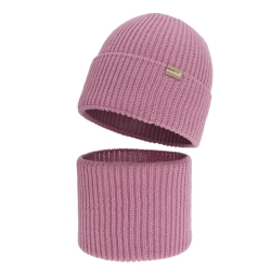 Czapka i komin dla dziewczynki, zimowy komplet, bezszwowy, fioletowy, 100% wełniany merino, Silena-1
