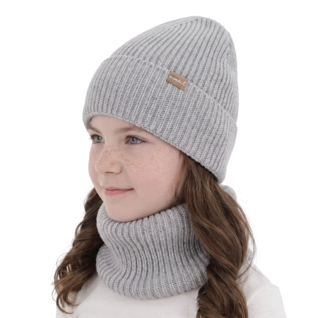 Czapka i komin dla dziewczynki, zimowy komplet, bezszwowy, szary, 100% wełniany merino, Silena-1