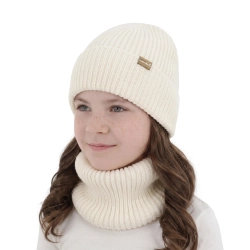 Czapka i komin dla dziewczynki, zimowy komplet, bezszwowy, kremowy, 100% wełniany merino, Silena-1
