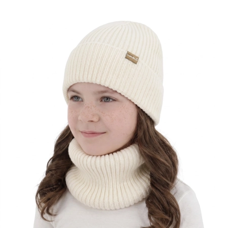 Czapka i komin dla dziewczynki, zimowy komplet, bezszwowy, kremowy, 100% wełniany merino, Silena-1