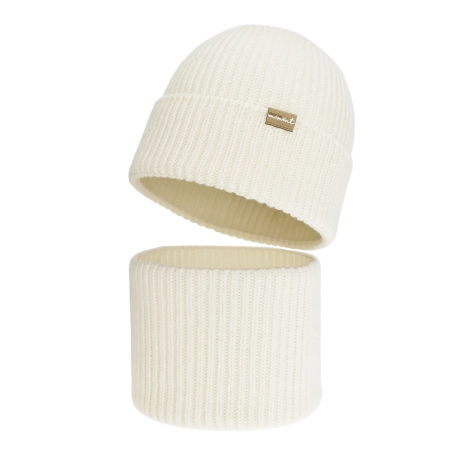 Czapka i komin dla dziewczynki, zimowy komplet, bezszwowy, kremowy, 100% wełniany merino, Silena-2