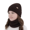 Czapka i komin dla dziewczynki, zimowy komplet, bezszwowy, brązowy, 100% wełniany merino, Silena-1