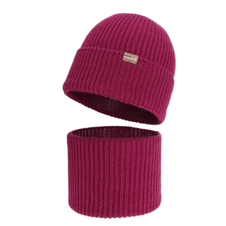 Czapka i komin dla dziewczynki, zimowy komplet, bezszwowy, amarantowy, 100% wełniany merino, Silena-1