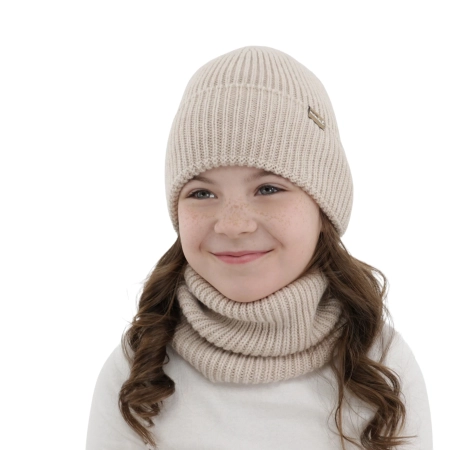 Czapka i komin dla dziewczynki, zimowy komplet, bezszwowy, jasnobeżowy, 100% wełniany merino, Silena-1