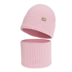 Czapka i komin dla dziewczynki, zimowy komplet, bezszwowy, różowy, 100% wełniany merino, Silena-1