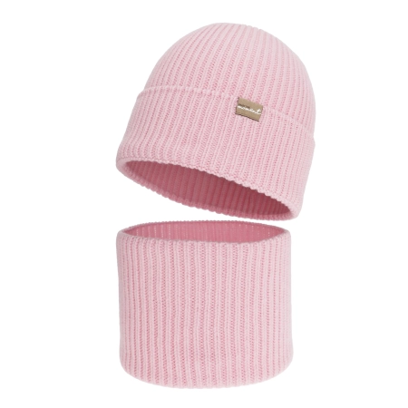 Czapka i komin dla dziewczynki, zimowy komplet, bezszwowy, różowy, 100% wełniany merino, Silena-1
