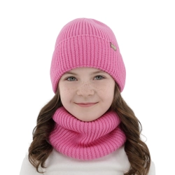 Czapka i komin dla dziewczynki, zimowy komplet, bezszwowy, różowy, 100% wełniany merino, Silena-1