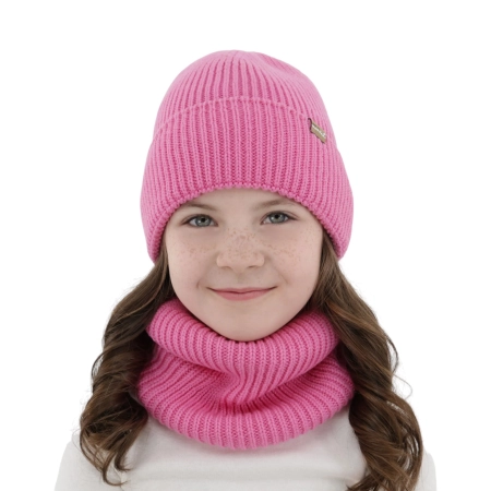 Czapka i komin dla dziewczynki, zimowy komplet, bezszwowy, różowy, 100% wełniany merino, Silena-1
