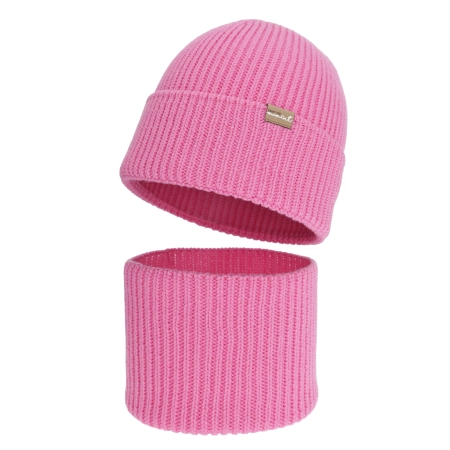 Czapka i komin dla dziewczynki, zimowy komplet, bezszwowy, różowy, 100% wełniany merino, Silena-3