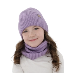 Czapka i komin dla dziewczynki, zimowy komplet, bezszwowy, fioletowy, 100% wełniany merino, Silena-1