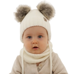Czapka i komin dla chłopca zimowy komplet, kremowy, wiązany, 100% wełniany merino Konor-1