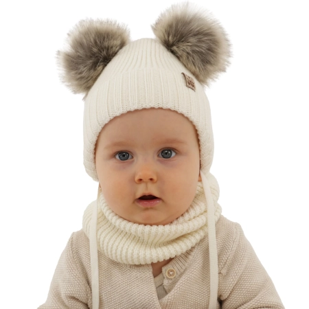 Czapka i komin dla chłopca zimowy komplet, kremowy, wiązany, 100% wełniany merino Konor-1
