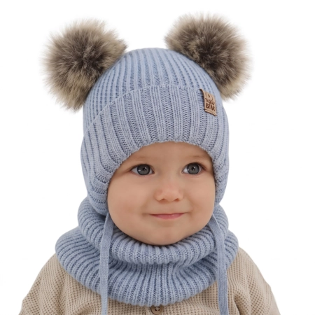 Czapka i komin dla chłopca zimowy komplet, błękitny, 100% wełniany merino, wiązany Konor-1