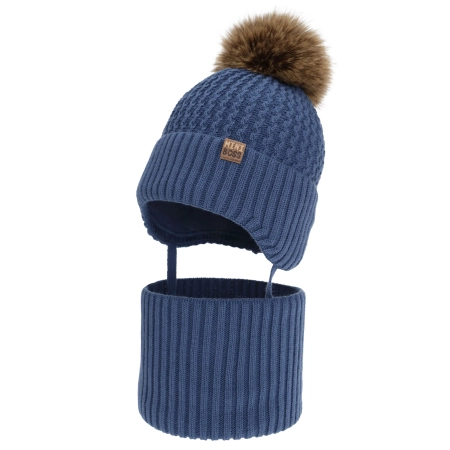 Czapka i komin dla chłopca, zimowy komplet, niebieski, z pomponem Kander-2