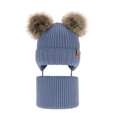 Czapka i komin dla chłopca zimowy komplet, niebieski, wiązany, 100% wełniany merino Konor-1