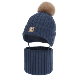 Czapka i komin dla chłopca, zimowy komplet, ciemnoniebieski, 100% wełniany merino, podszyty bawełną, wiązany Virano-1