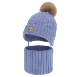 Czapka i komin dla chłopca, zimowy komplet, niebieski, 100% wełniany merino, podszyty bawełną, wiązany Virano-1