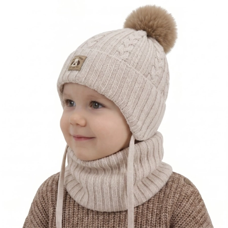 Czapka i komin dla chłopca, zimowy komplet, beżowy, 100% wełniany merino, podszyty bawełną, wiązany Virano-1