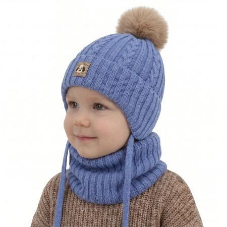 Czapka i komin dla chłopca, zimowy komplet, niebieski, 100% wełniany merino, podszyty bawełną, wiązany Virano-1