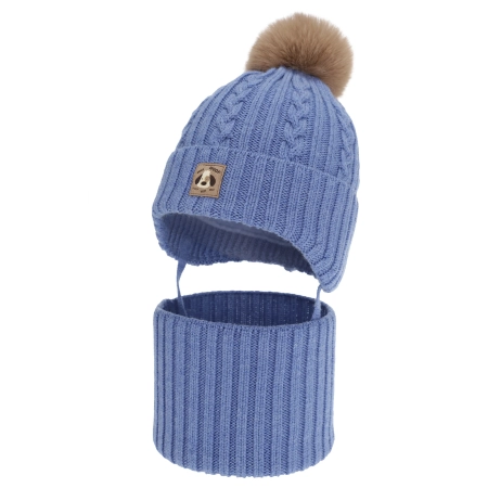 Czapka i komin dla chłopca, zimowy komplet, niebieski, 100% wełniany merino, podszyty bawełną, wiązany Virano-2