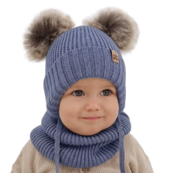 Czapka i komin dla chłopca zimowy komplet, niebieski, 100% wełniany merino, wiązany Konor-1