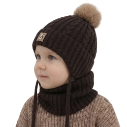 Czapka i komin dla chłopca, zimowy komplet, brązowy, 100% wełniany merino, podszyty bawełną, wiązany Virano-1