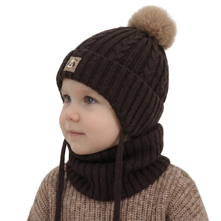 Czapka i komin dla chłopca, zimowy komplet, brązowy, 100% wełniany merino, podszyty bawełną, wiązany Virano-1