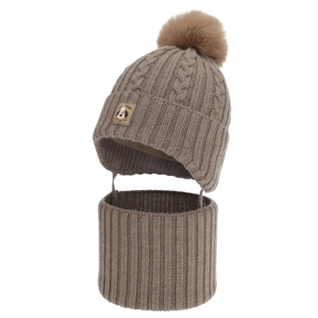 Czapka i komin dla chłopca, zimowy komplet, ciemnobeżowy, 100% wełniany merino, podszyty bawełną, wiązany Virano-1