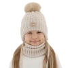 Czapka i komin dla dziewczynki, zimowy komplet, beżowy, 100% wełniany merino, z pomponem Vratna-1