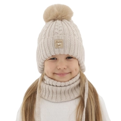 Czapka i komin dla dziewczynki, zimowy komplet, beżowy, 100% wełniany merino, z pomponem Vratna-1