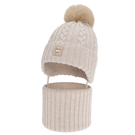 Czapka i komin dla dziewczynki, zimowy komplet, beżowy, 100% wełniany merino, z pomponem Vratna-2