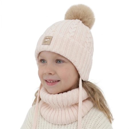 Czapka i komin dla dziewczynki, zimowy komplet, jasnoróżowy, 100% wełniany merino, z pomponem Vratna-1