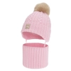 Czapka i komin dla dziewczynki, zimowy komplet, różowy, 100% wełniany merino, z pomponem Vratna-1